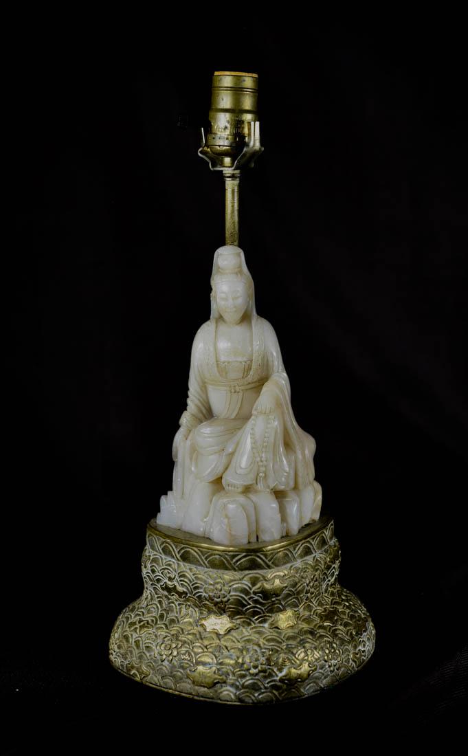 Chinese Carved Soapstone Kuanyin Lamp: 19/20th cen, measures 7.9"ht for the figurine, overall 16"ht