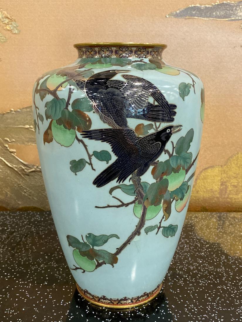 Japanese Cloisonne Vase - Crows: 19th cen, meiji period, stunning japanese cloisonne vase with silver wire crow scene, 9.5"ht, aoocoiated stree lines