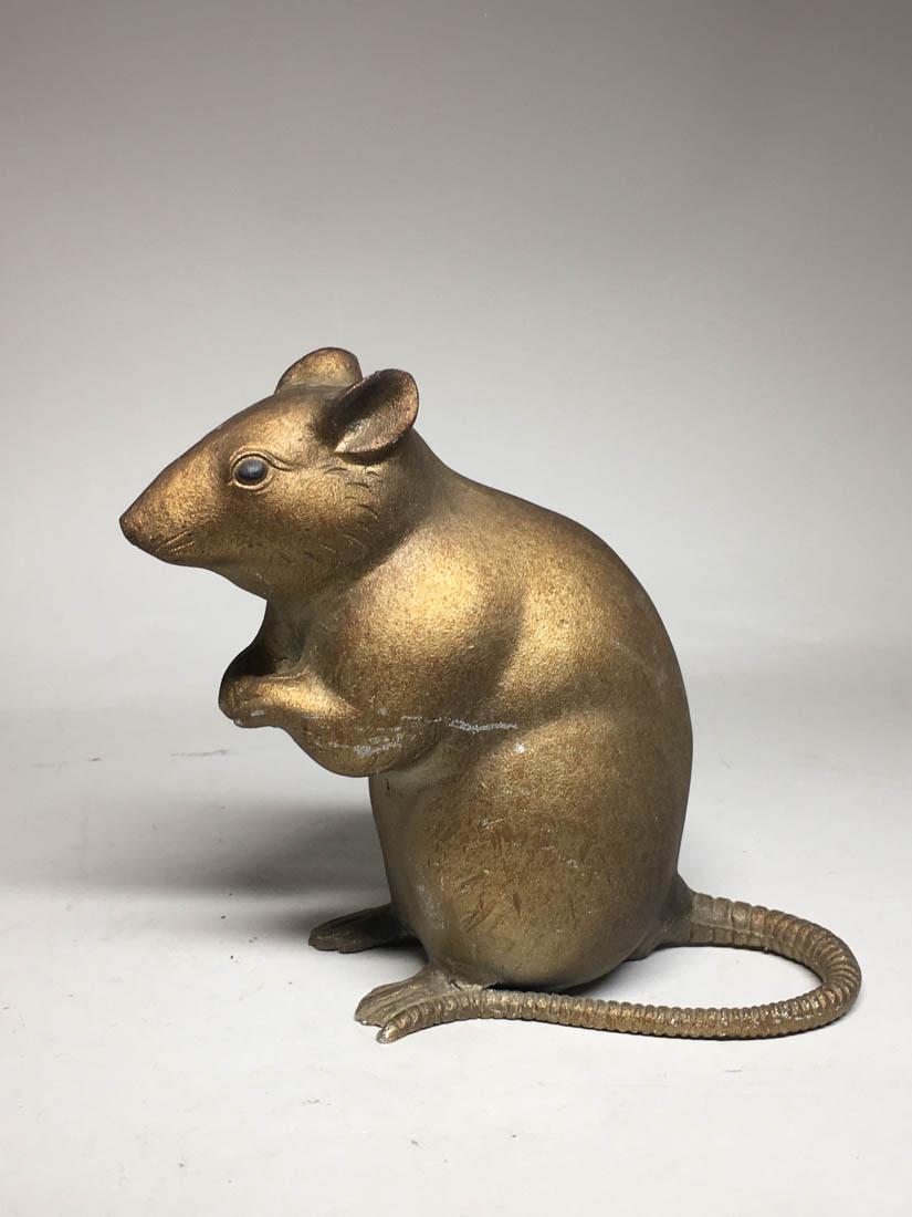 Japanese Metal Sculpture of a Rat: 20th cen, japanese sculpture ofg a rat, 6"ht, signed by the artist; Provenace: from a Collection of a New Haven, Ct Estate