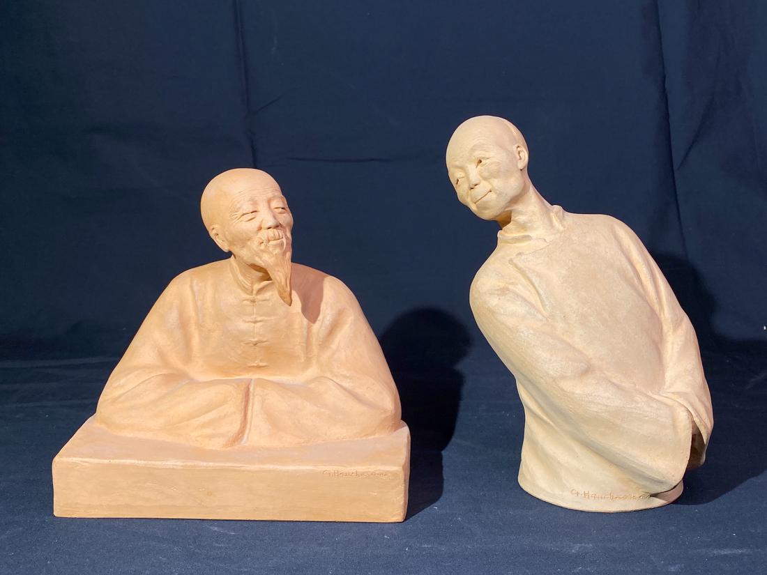 Asian Figurine by French Sculpturer Gaston Hauchecorne: 19/20th cen, on silk, Asian Figurine by French Sculpturer Gaston Hauchecorne, old man and women, 8.5"ht