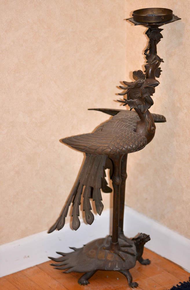 Japanese Bronze Pheonix on Turtle: 19th cen, meiji period, made as a candle holder, measures 31" in height, detail chased