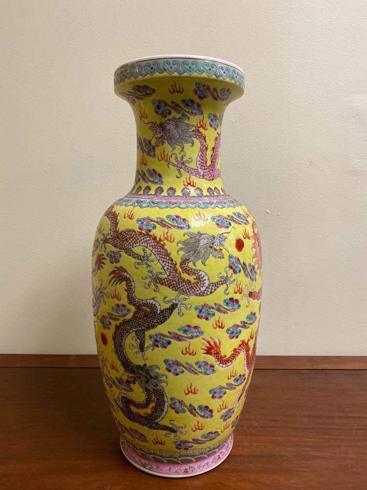 Chinese Yellow Porcelain Vase with Dragon: 20th cen, chinese yellow porcelain vase with dragon motif, 18"ht