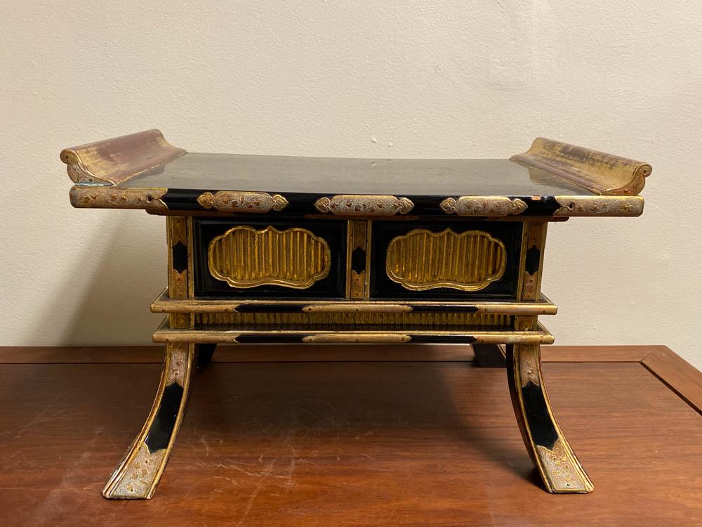 Japanese lacquer Shrine Altar Stand: meiji period, japanese lacquer altar stand with brass fitting, 10.5"deep 18.5"long 12"ht
