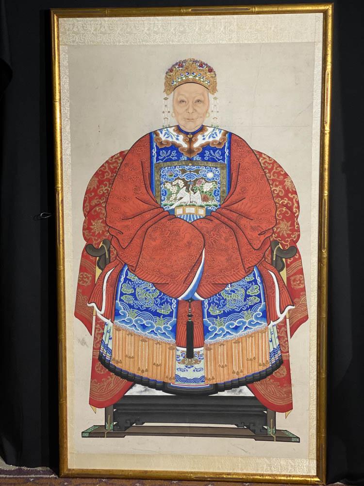 Chinese Water Color Ancestor Portrait of Women: 19th cen, on paper, chinese ancestor portrait of old women, 25.5" by 44.5" for the image area