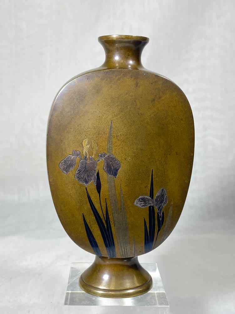 Japanese Mixed Metal Bronze Vase - Iris: 19th cen, meiji period, signed japanese mixed metal bronze vase with iris dÃ©cor, 5.25"ht
