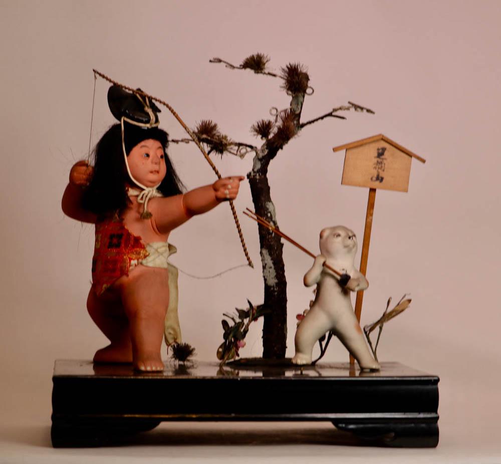Japanese Doll Set of Girl Archer - Fitted Box: 20th cen, compex japanese doll model set of young girl archer, with fitted wood box, measures 13" by 15"; Provenace: Collection of an East Coast Lady