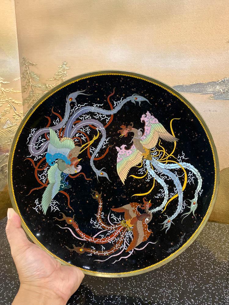 Japanese Cloisonne Charger with Pheonix Scene: 19th cen, meiji period, 12"dia, stress crack and chip in enamle