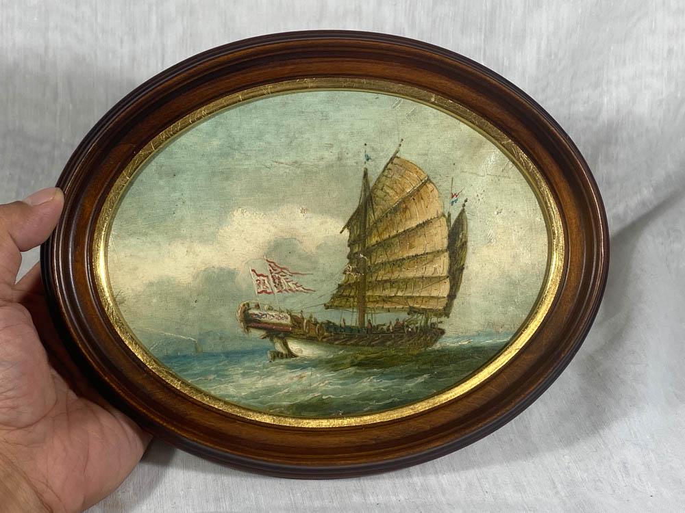 Chinese Export Oil Painting - Sail Boat: 19th cen, chinese export oil painting of sail boat, 9.5" wide