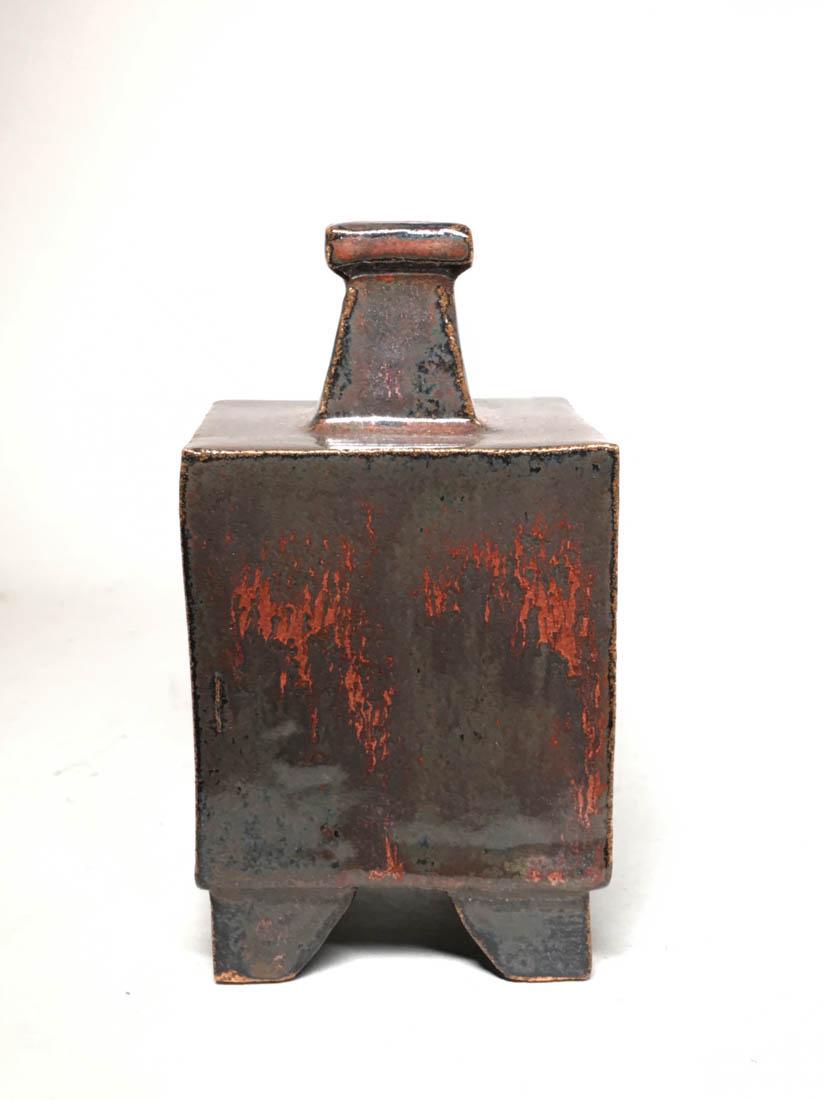 Japanese Studio Pottery Square Vase - Hamada School: 20th cen, japanese studio pottery vase of square bottle form, signed, 5.5"ht