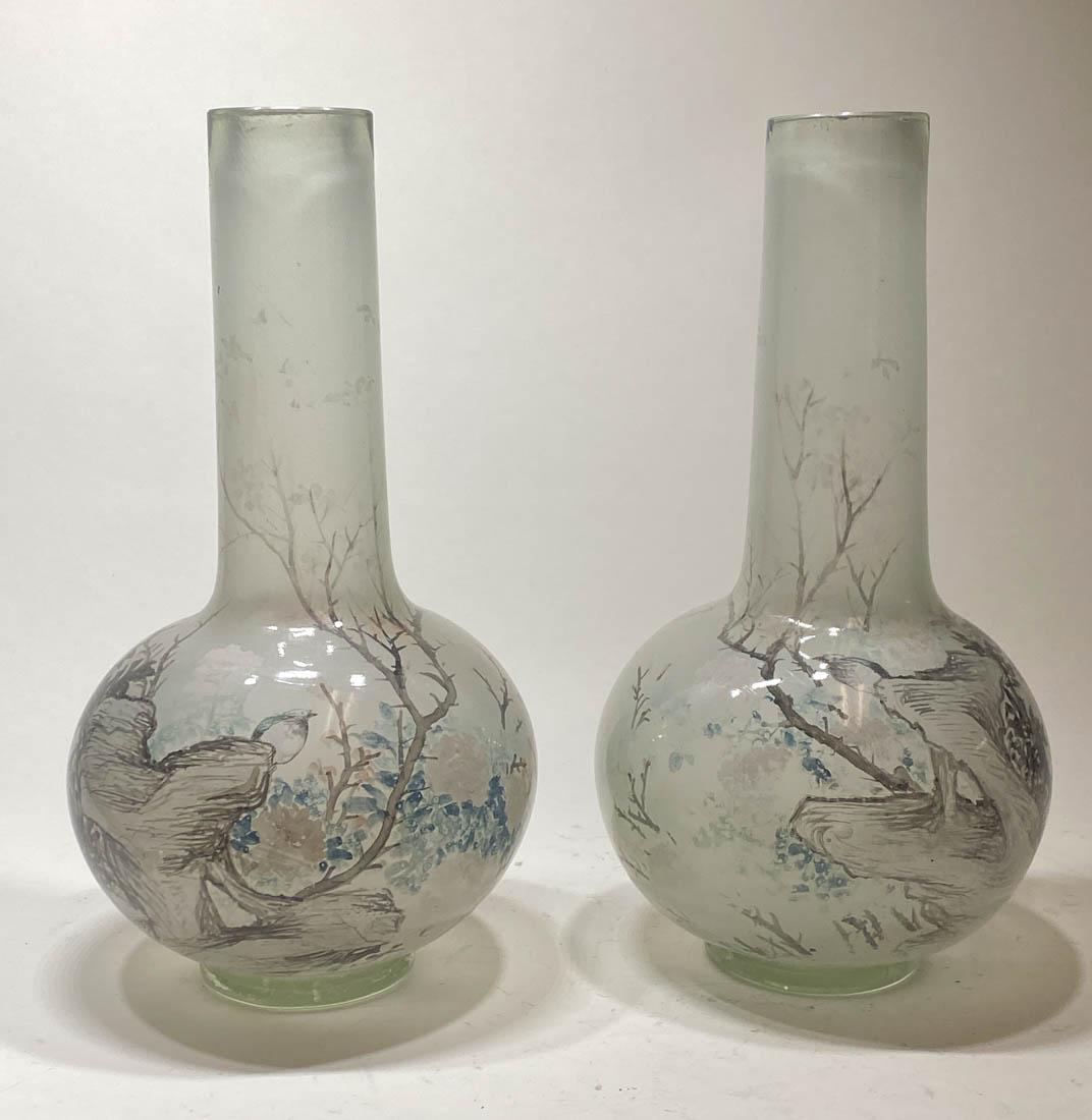 Pair Chinese Interior Reverse Painted Peking Glass: 20th cen, pair of interior pianted peking glass vases of mirror image, one has small chip on interior top tim edge, very small, 12.5"ht