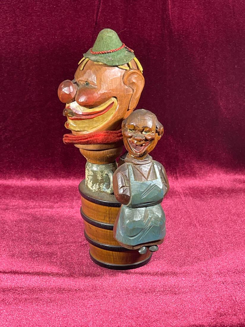 Anri Wood Carving - Clown with Cigar: 20th cen, desirable anri polychrome hand carved wood figurine: 8.5"ht