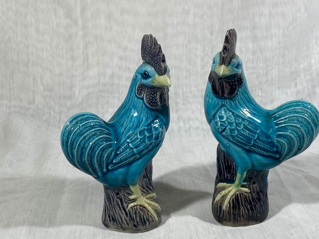 Pair Chinese Turqois Glazed Porcelain Roosters (1 of 4)