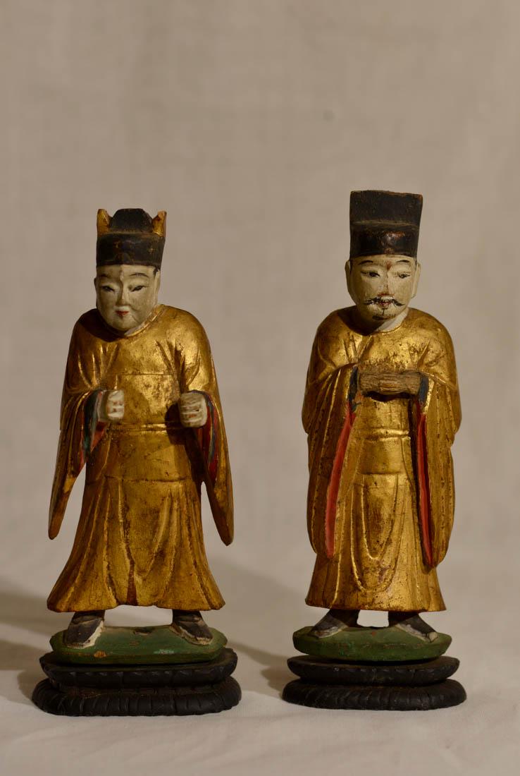 Pair Chinese Antique Wood Daoist Figurines: 18th cen, measures 6.8"ht