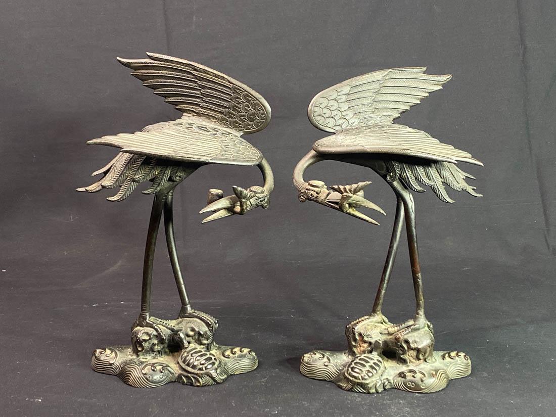 Pair Japanese Bronze Cranes with Turtle (1 of 10)