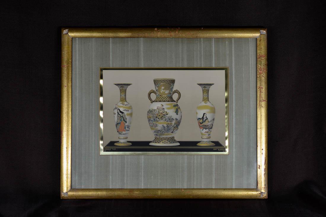 Lithograph of Japanese Vases - Framed: original antique lithograph depicting japanese antiques in frame, measures 16" by 19" Provenace: from a Greenwich, Ct Estate