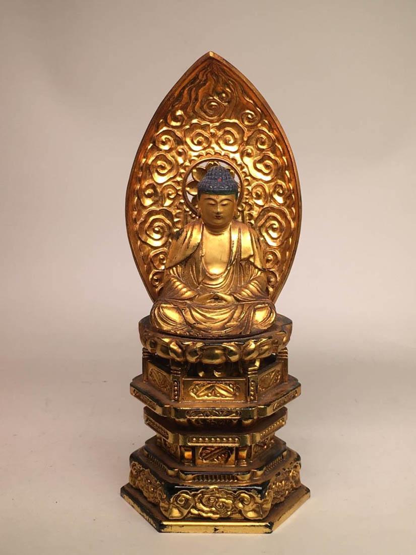 Japanese Wood Buddha with Gold Lacquer - 10"ht: 19th cen, meiji period, 10"ht, gold lacquer on wood carved buddha; Provenace: from a Collection of a New Haven, Ct Estate