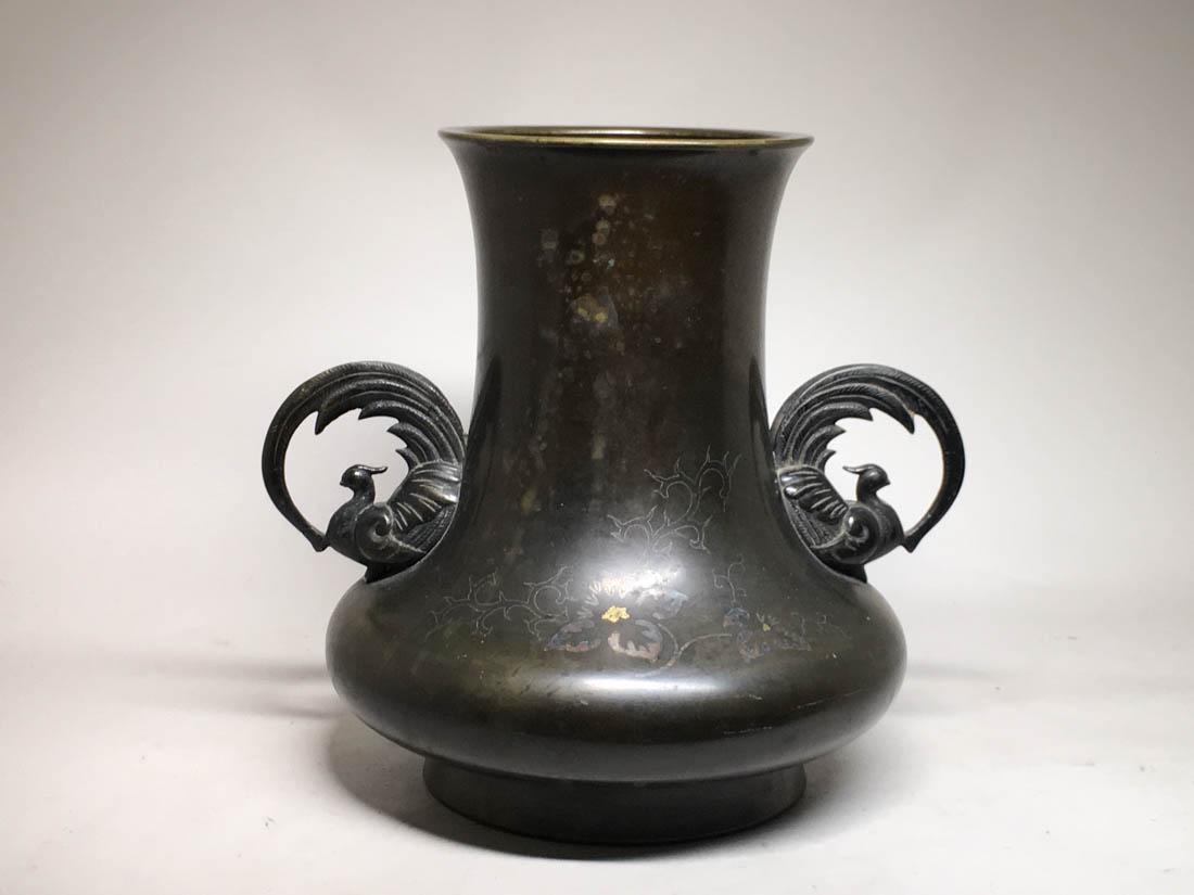Japanese Mixed Bronze Vase - Rooster Handle (1 of 7)