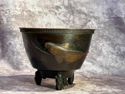 Japanese Bronze Bowl with Koi: meiji period, japanese bronze ikebana with moriage koi scene, signed, 7.5"dia 5.5"ht