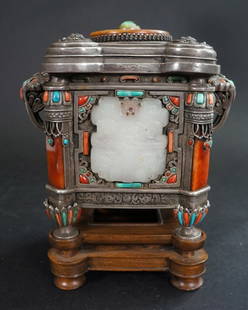 Fine Chinese Silver Censer with White Jade Plaque: With white jade plaque. 19th century, Qing Dynasty. Rosewood base. Measures 6" in height. 1130g.