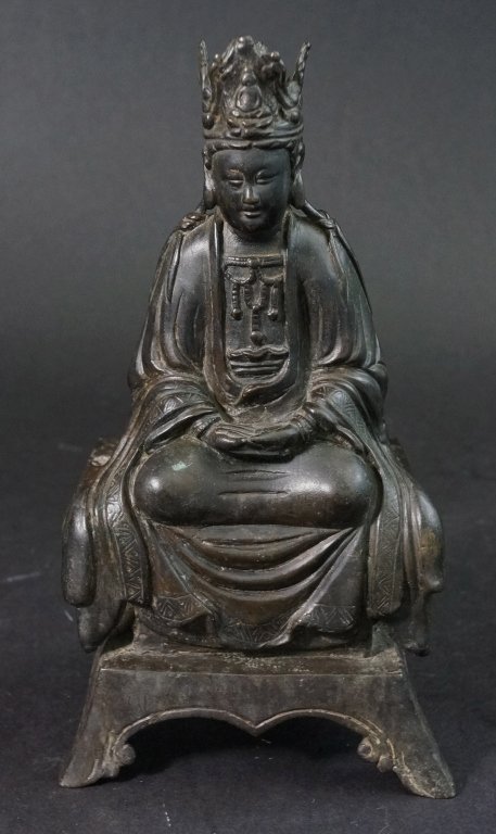 Chinese Ming Bronze Kuanyin on Altar Stand: 16th century, Ming Dynasty. Measures 9" in height.