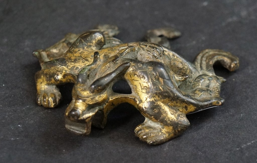 Chinese Warring State Gilt Bronze Dragon: Measures 3.5" in wide.