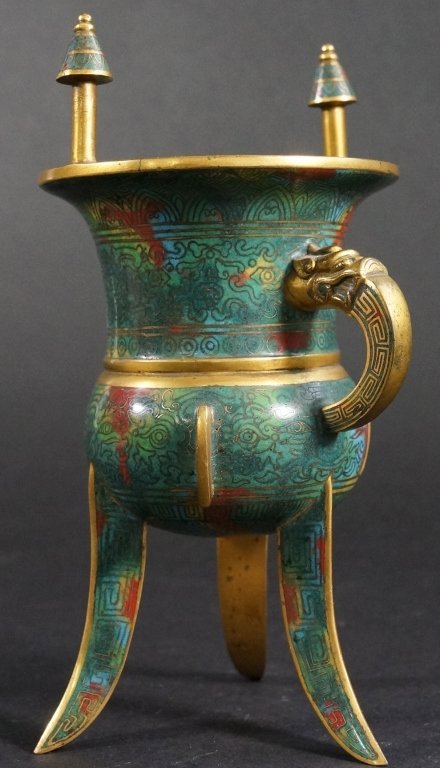 Chinese 19th Century Cloisonne Ritual Vessel: Of archaic wine cup, gilt bronze trim and handle. Measures 6.25" in height.