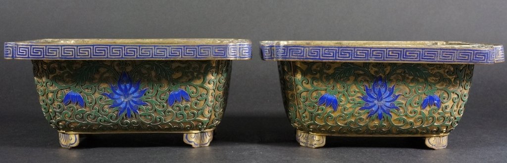 Pair of Chinese Cloisonne Planters: With Buddhist lotus motif. 19th century. Measures 6" in wide.