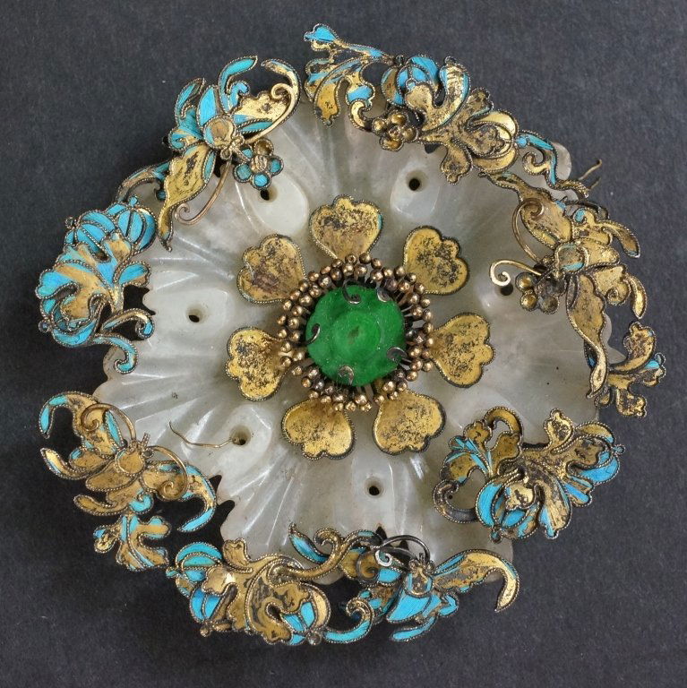 Chinese White Jade Button with Kingfish Feather: With jadeite inlays. 19th century. 2.5" diameter.