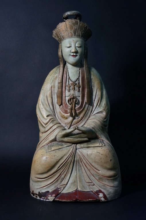 Rare Chinese Seated Porcelain Kuanyin -TangYin: Elegant seated position with trace of gilt and lacquer on the body and crown. 18th century, Cheulung, referred as Tang Yin type porcelain. Similar example of smaller version has been auctioned in the 