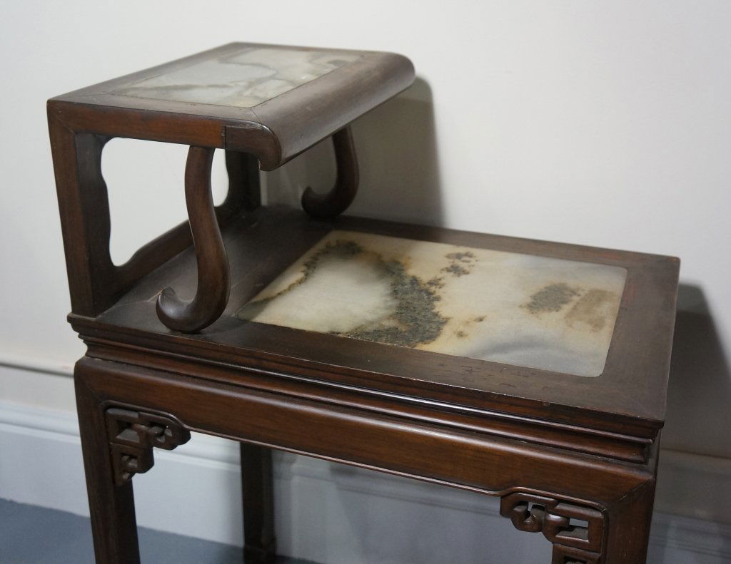Pair of Chinese Rosewood Side Tables: For tea session, with marble inserts. 19th century. Each measures 30" by 30".