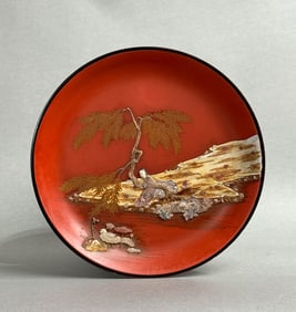 Japanese Lacquer Dish w Soapstone Inlay