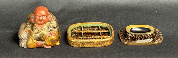 Japanese Meiji Lacquer Hotei Writing Box Set