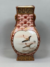 Japanese Kutani Porcelain Square Vase - Goose