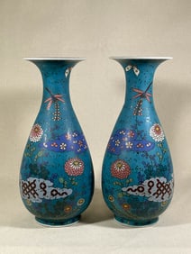 Pair Japanese Cloisonne on Porcelain Vase - Signed