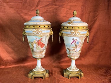 Pair French Porcelain Vases in Ormulo Bronze Mount
