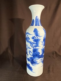 Tall Chinese Blue White Porcelain Vase - Warriors