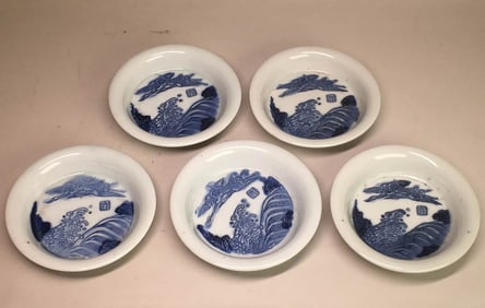 Set of Five Japanese Blue White Porcelain Dishes - Crane and Wave