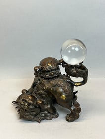 Japanese Bronze Foolion Censer with Crystal Ball