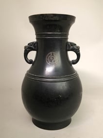 Japanese Bronze Vase with Silver Inlay