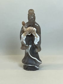 Chinese Agate Carving of Lady Holding Goose