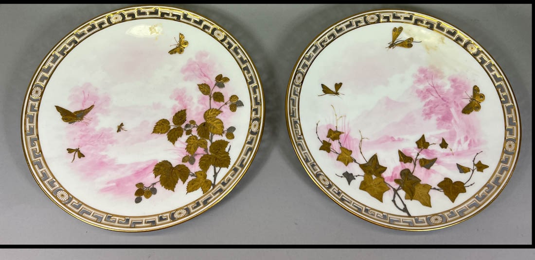 Pair Minton Dishes with Gold Butterfly Scene: 9.5"dia , pair minton dishes with gold overlay design of butterfly