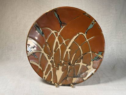 Japanese Studio Pottery Charger - Abstract Grass: 20th cen, 11"dia