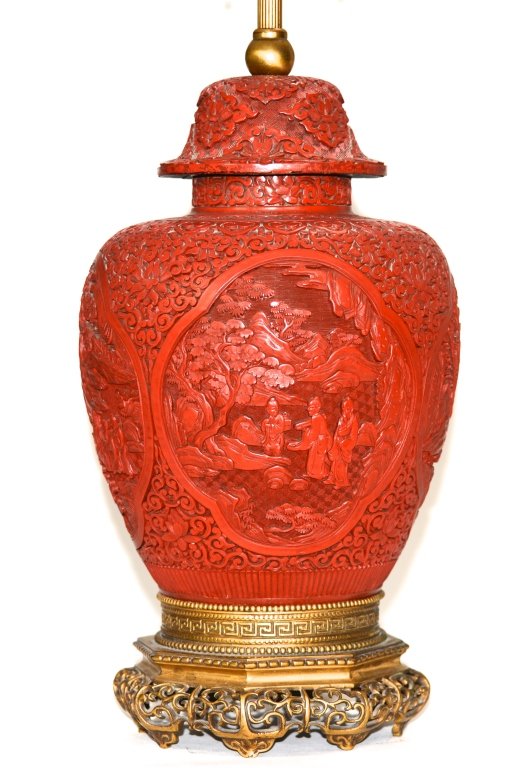 Chinese Qing Carved Cinnabar Lacquer Covered Jar: Chinese lacquer covered jar of scholar scene, mounted as a lamp, 15"h