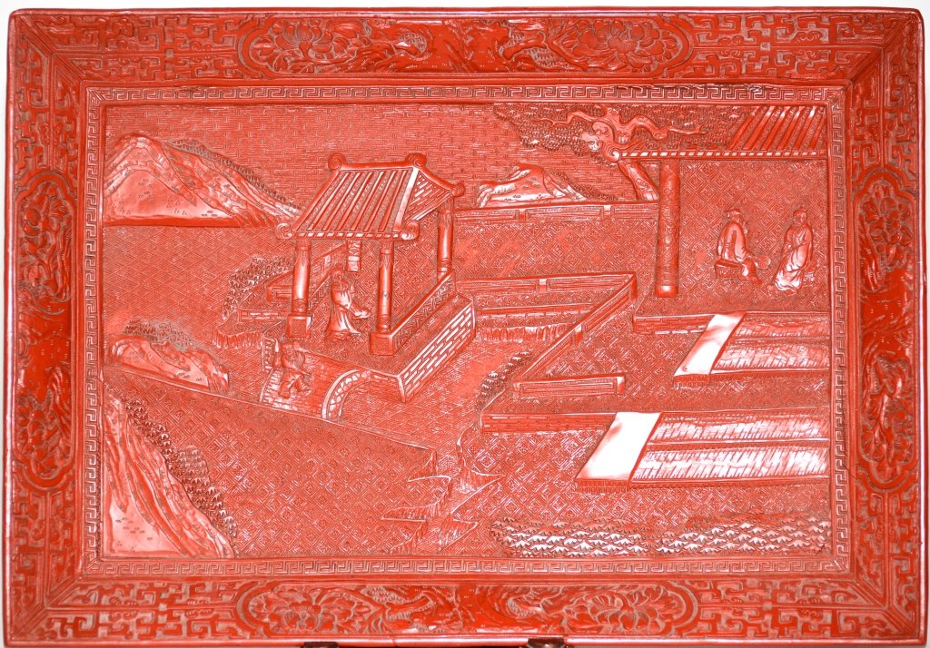 Chinese 19th cen Carved Cinnabar Lacquer Tray: 19th cen Chinese carved cinnabar lacquer tray with scholar and pavilion scene. Measures 11" by 16", Provenance: AI Gunterman Collection