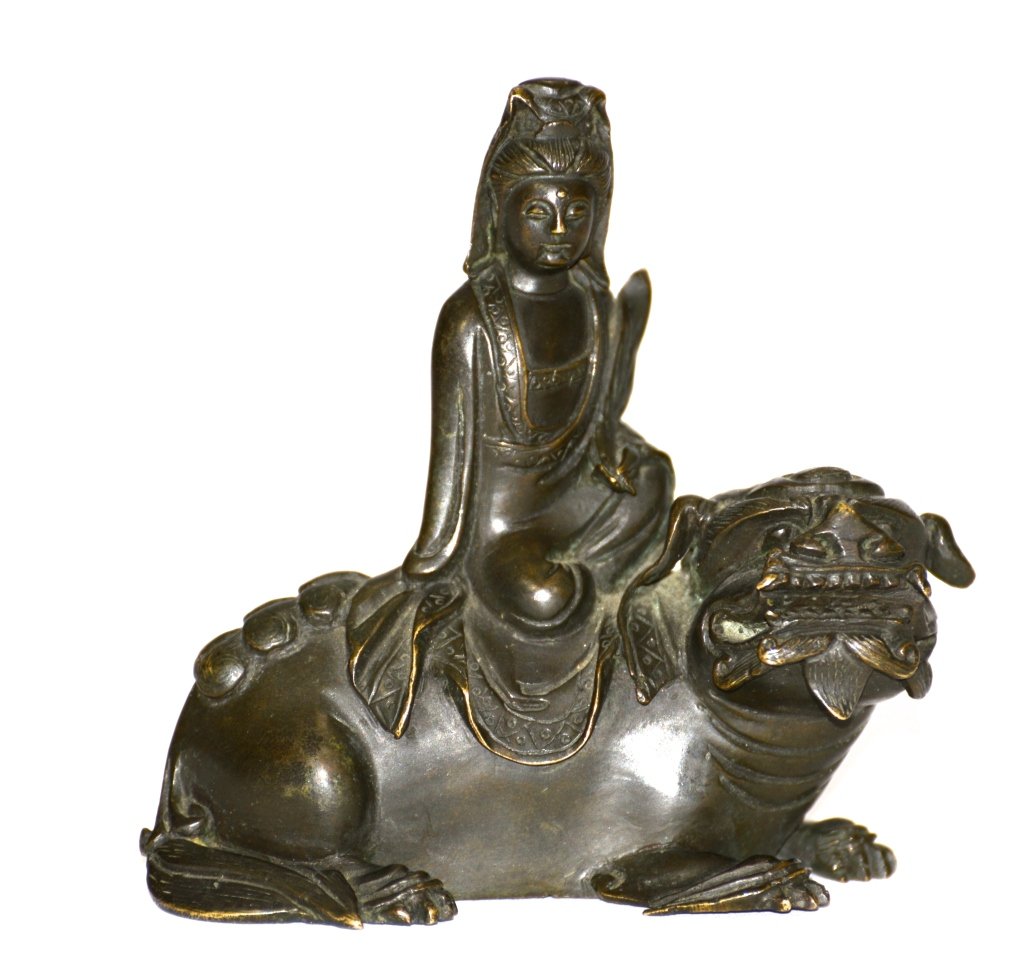Chinese Bronze Kuanyin on Buddhist Lion: 18/19th cen, Chinese bronze kuanyi on buddhist lion with rich black patina, 4.25'h by 4.25"w, from a Private NY Collection.