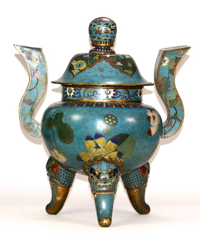 Large Chinese Cloisonne Palace Incense Burner: 18/19th cen, Chinese cloisonne palace incense Burner of well decorated lotus motif on a turquoise blue wired ground, two slender handle rise upward from each side, cover decorated with bats and cloud 