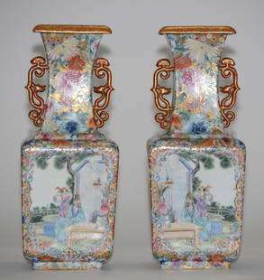 Fine Pair of Chinese Republic Porcelain Vases: Early 20th cen Pair of Chinese republic porcelain vases, each four sided with famille rose figural painting against a milifloral enamled ground, each panel is well painted with various scholar scene i