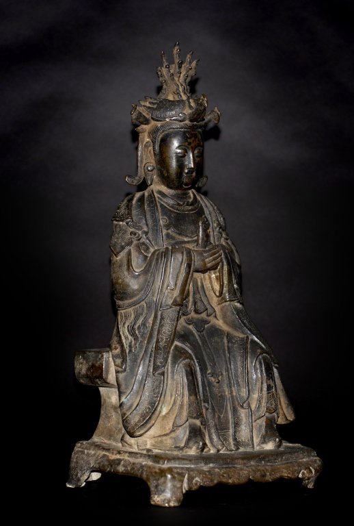 Chinese Ming Bronze Xi Wang Mu: 16th cen Chinese Ming bronze Xi Wang Mu seated on altar base, with both hand folding in front of chest holding a tablet. Measures 16" in height
