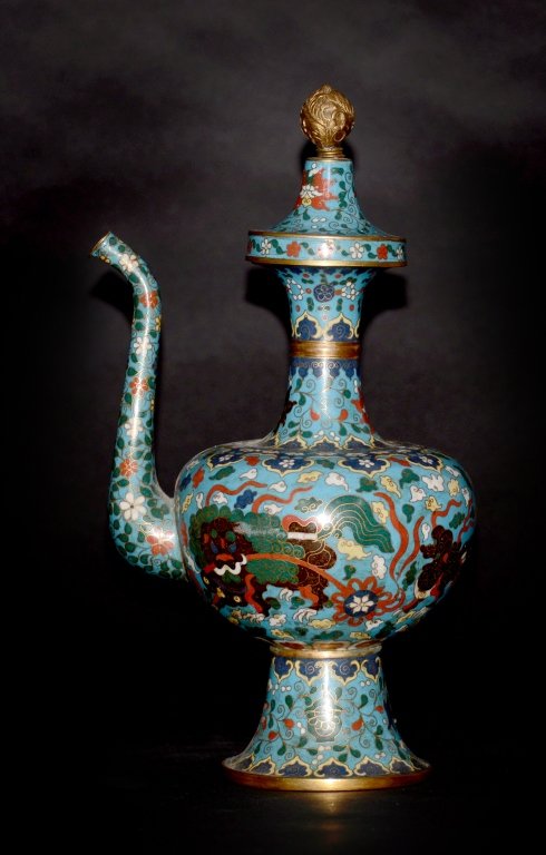 Chinese Qing Cloisonne Monk Ewer: 19th cen, Chinese cloisonne monk ewer of turquoise blue color, buddhist foolion motif, 13"h
