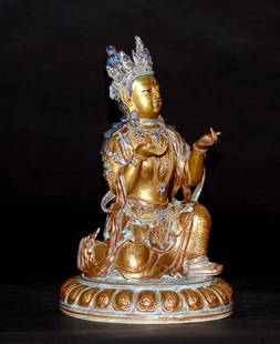 Rare 18th cen Chinese Porcelain Praying Kuanyin: 18th cen, Chinese porcelain Kuanyin with kneeling pose, elaborate decorated with gilt buddhist precious motif on cafe au late glaze, highlight with robins egg blue glaze. Measures 11"h.